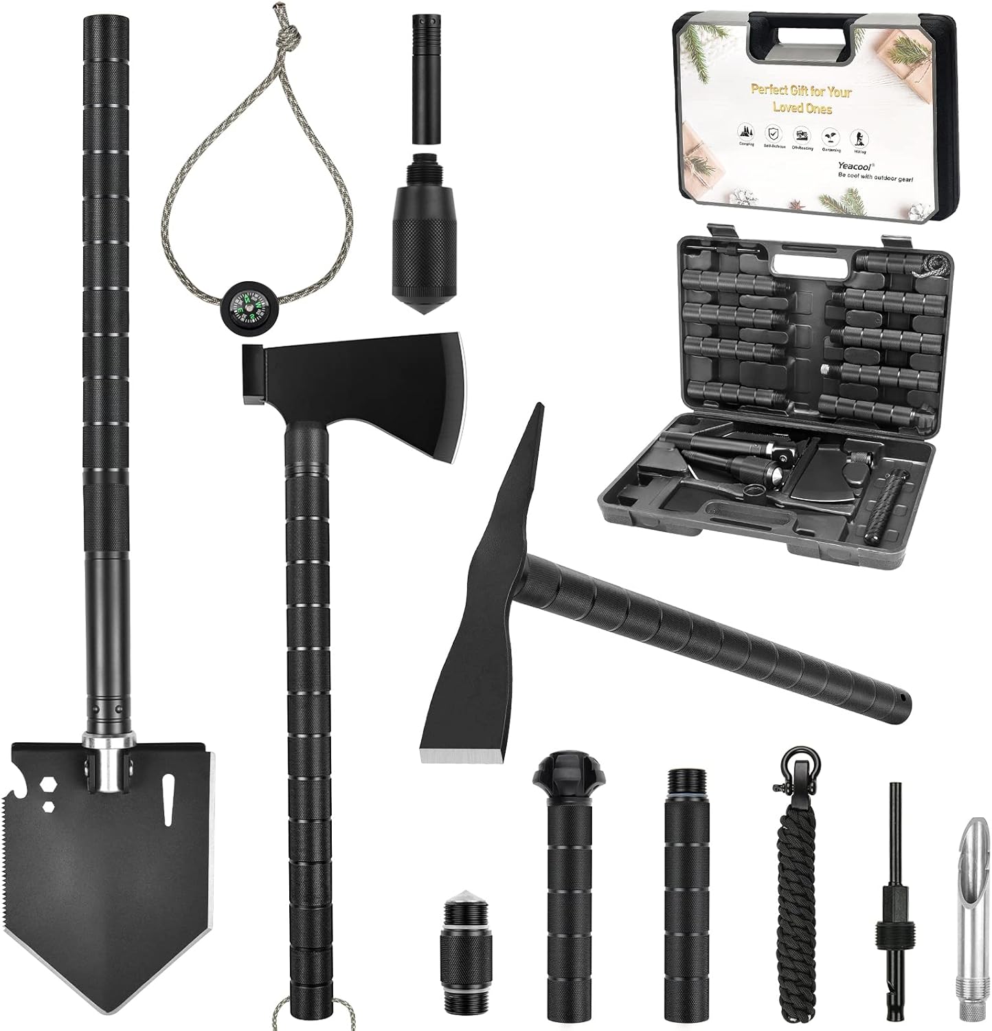 Yeacool Survival Shovel Axe, Camping Shovels Multi-Tool, Military Spade Pickaxe, Folding Off-Roading Tool Kit, with Carrying Box, for Camping, Hiking, Metal Detecting, Emergency Outdoor
