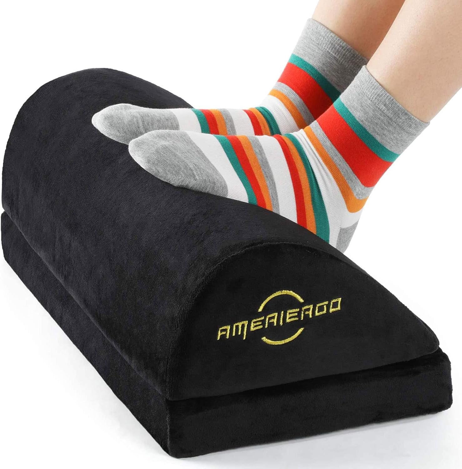 AMERIERGO Foot Rest for Under Desk at Work, Ergonomic Memory Foam Foot Stool Pillow for Home Office, Gaming, Computer - Desk Foot Rest with 2 Adjustable Heights and Breathable Washable Cover (Black)