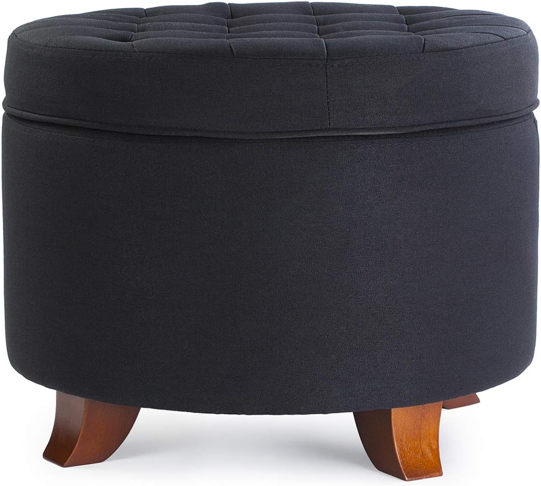 Enova Home Ivy 18 Inches Modern Linen Fabric Round Storage Ottoman for Living Room (Black)