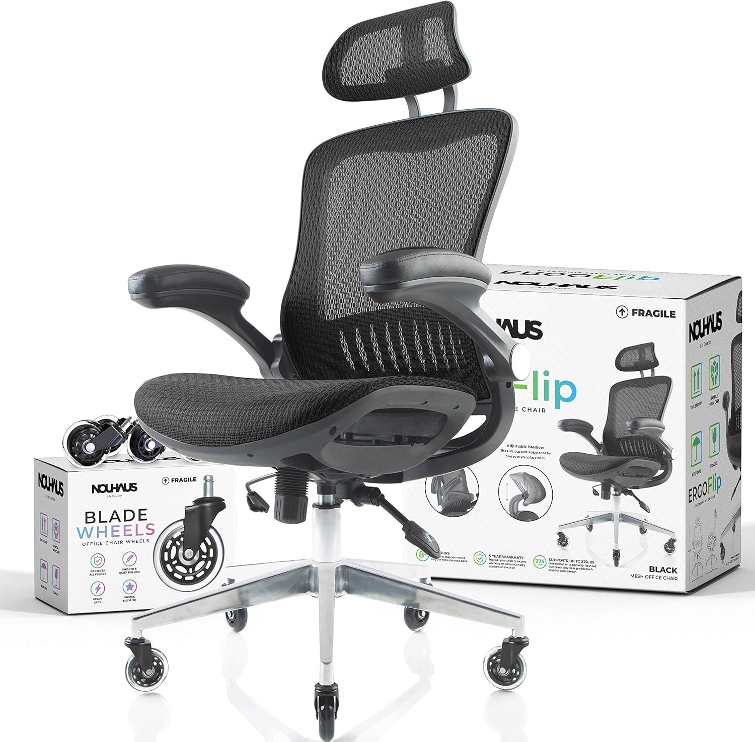 NOUHAUS ErgoFlip Mesh Computer Chair - Grey Rolling Desk Chair with Retractable Armrest and Blade Wheels Ergonomic Office Chair, Gaming Chairs, Executive Swivel Chair/High Spec Base