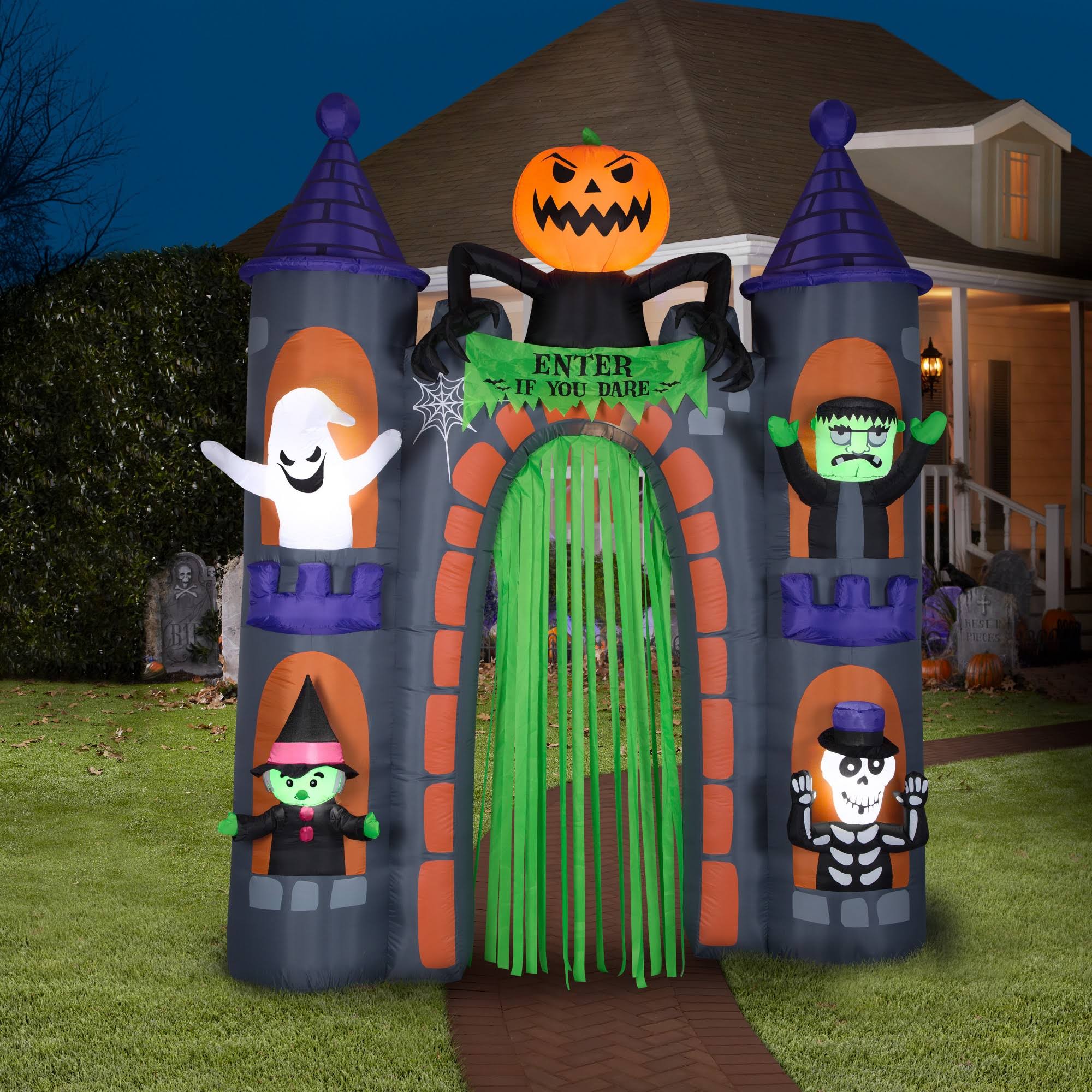 Gemmy 9ft. Tall Airblown Archway-Haunted Castle with Characters-LG Scene
