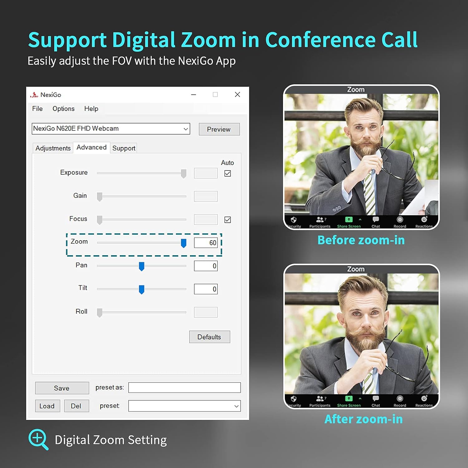 NexiGo N620E 60FPS AutoFocus ePTZ Webcam, 2X Digital Zoom, Ring Light & Privacy Cover, [Software Included], 1080P FHD Streaming Web Camera, Dual Stereo Mics, for Zoom Skype Teams