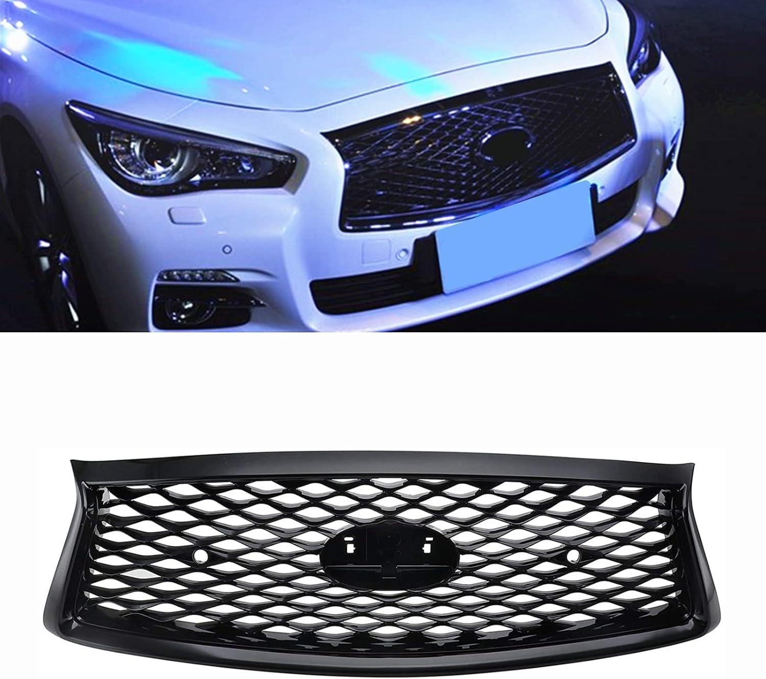 MOFANS Front Upper Grille Fit for Compatible with Infiniti Q50 2018 2019 With Sensor Hole Glossy Black
