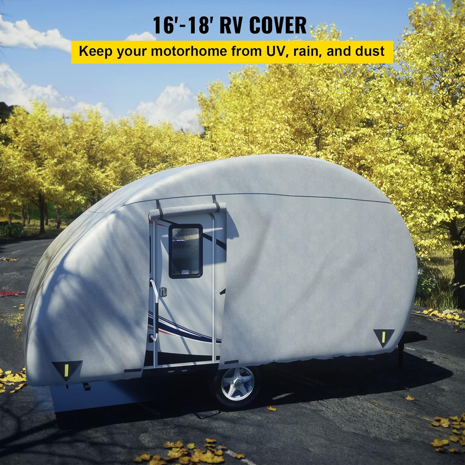 VEVOR Teardrop Trailer Cover, Fit for 16' - 18' Trailers, Upgraded Non-Woven 4 Layers Camper Cover, UV-proof Waterproof Travel Trailer Cover w/ 2 Wind-proof Straps, 1 Storage Bag and 1 Back Gate