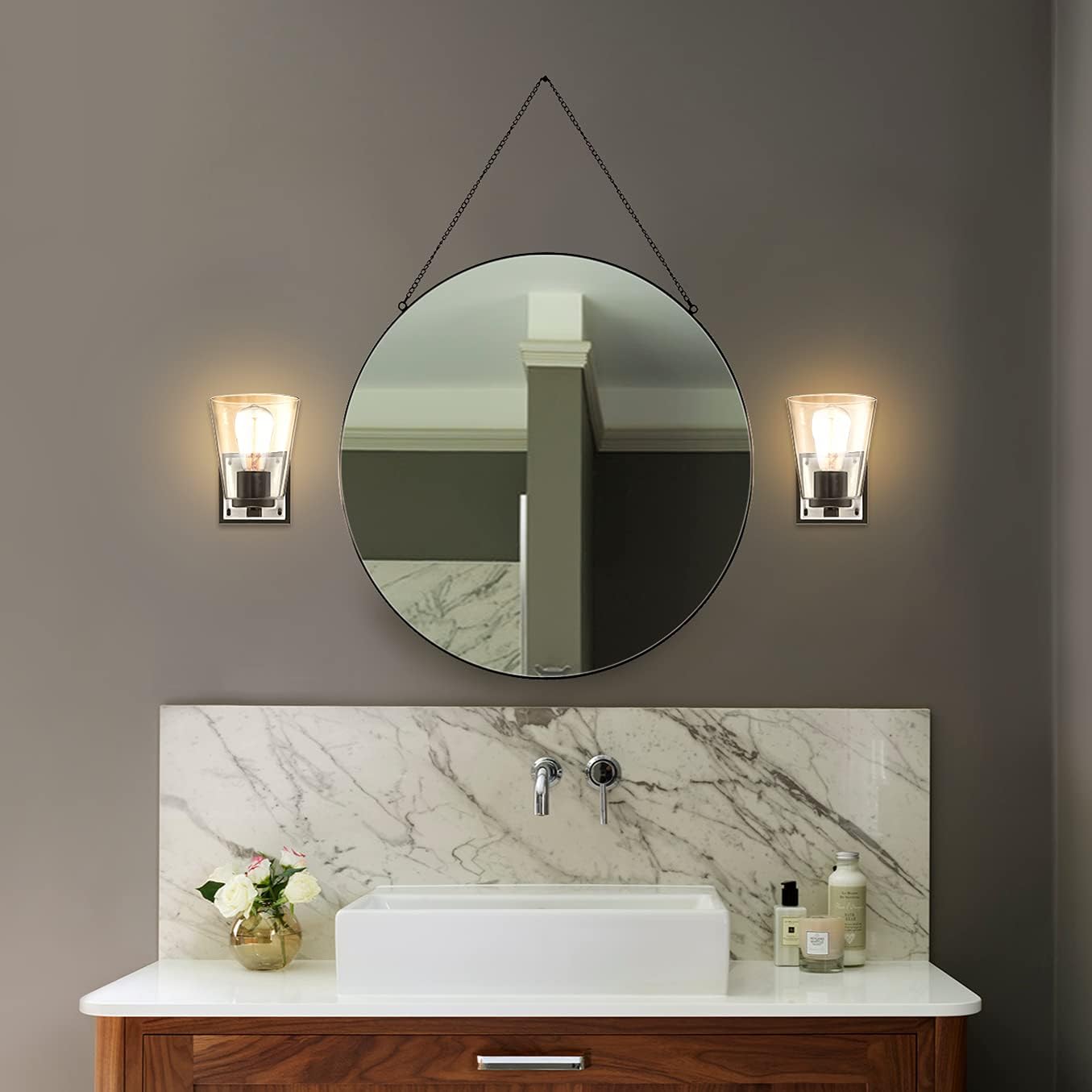 MOTINI 1-Light Bathroom Vanity Light Fixture Brushed Nickel and Black Sconce Wall Lighting with Clear Glass Shade for Indoor Hallway Living Room