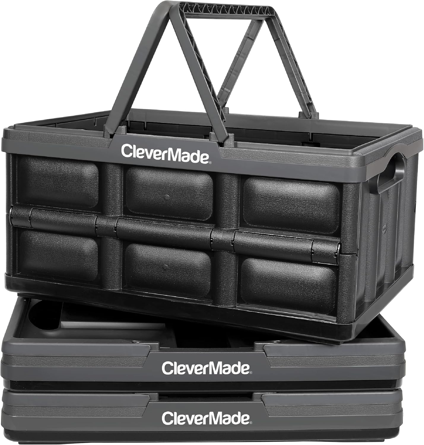 CleverMade Collapsible Plastic Storage Bins with Handles - Multi-Use Stackable Folding Crates for Home and Garage Organization - 32L CleverCrates - Pack of 3, Charcoal Pack of 2