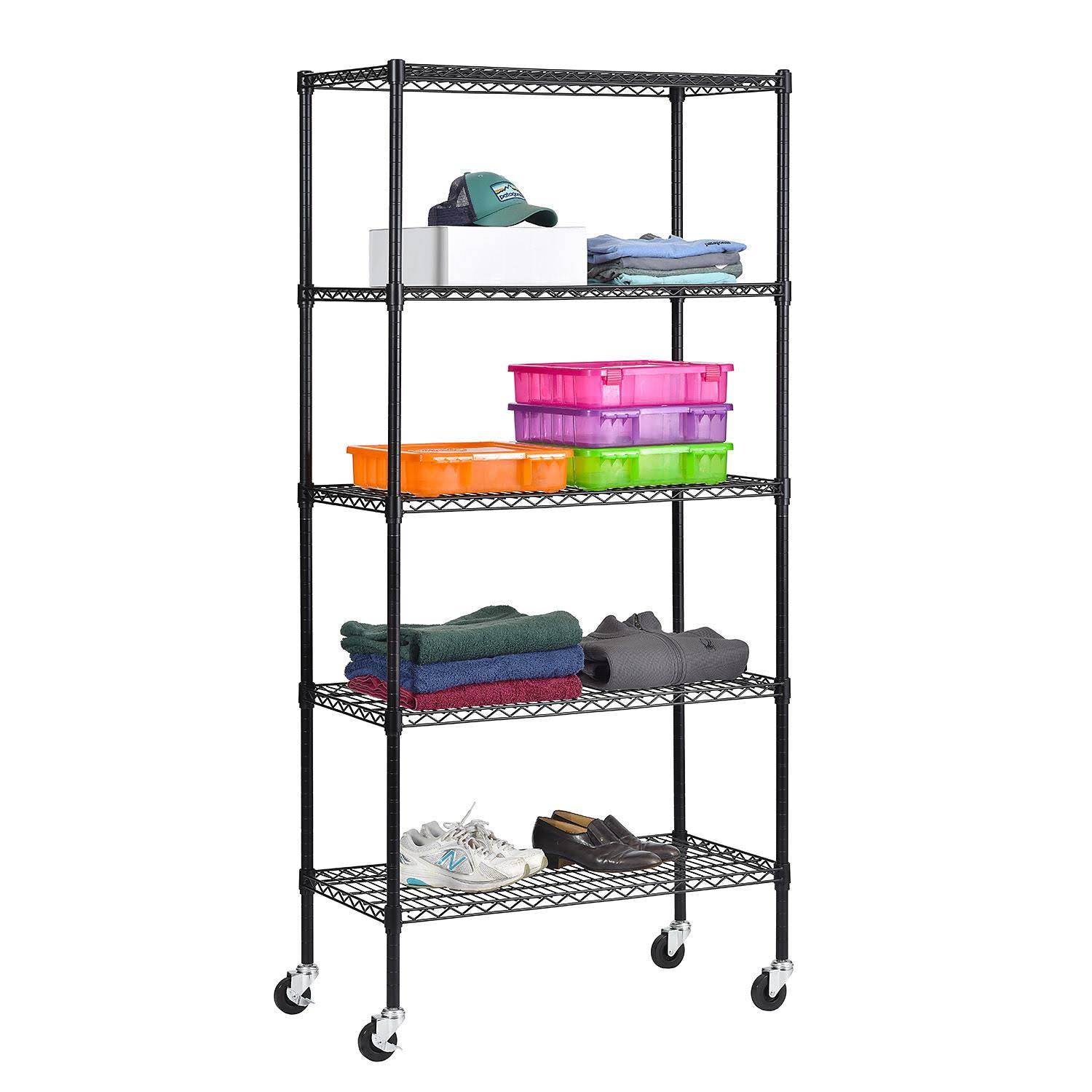 72 in. H x 36 in. W x 18 in. D 5 Shelf Black Wire Mobile Commercial Shelving Unit