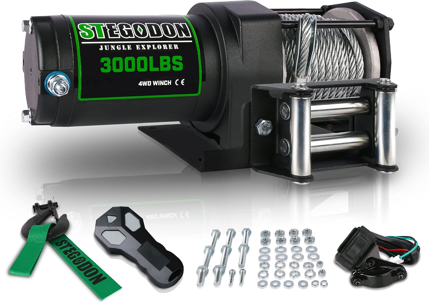 STEGODON New 3000 lb. Load Capacity Electric Winch,12V Steel Cable Winch with Wireless Handheld Remote and Wired Handle,Waterproof IP67 Electric Winch with 4-Way Roller Fairlead（Matte Black）