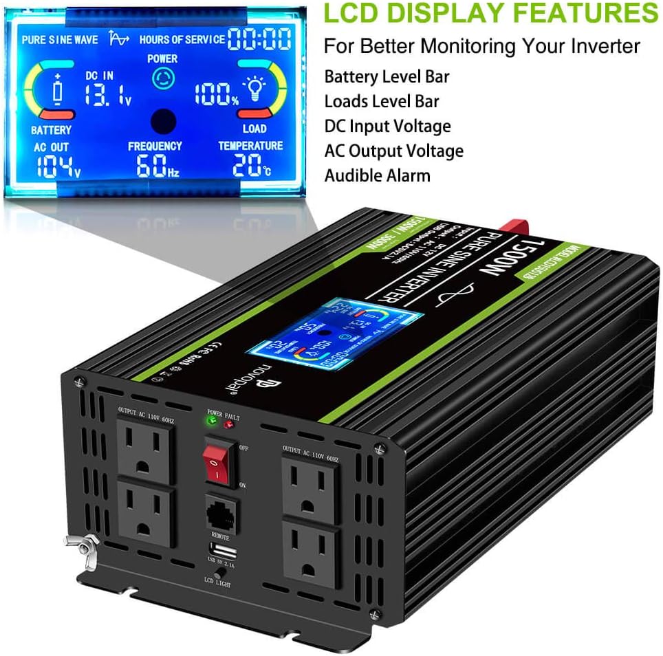 Novopal 1500 watt Pure Sine Wave Power Inverter DC 12V to 110V/120V Converter 4 AC Outlets Car Inverter with USB Port 16.4 Feet Remote Control and LCD Display Dual Cooling Fans Inverter