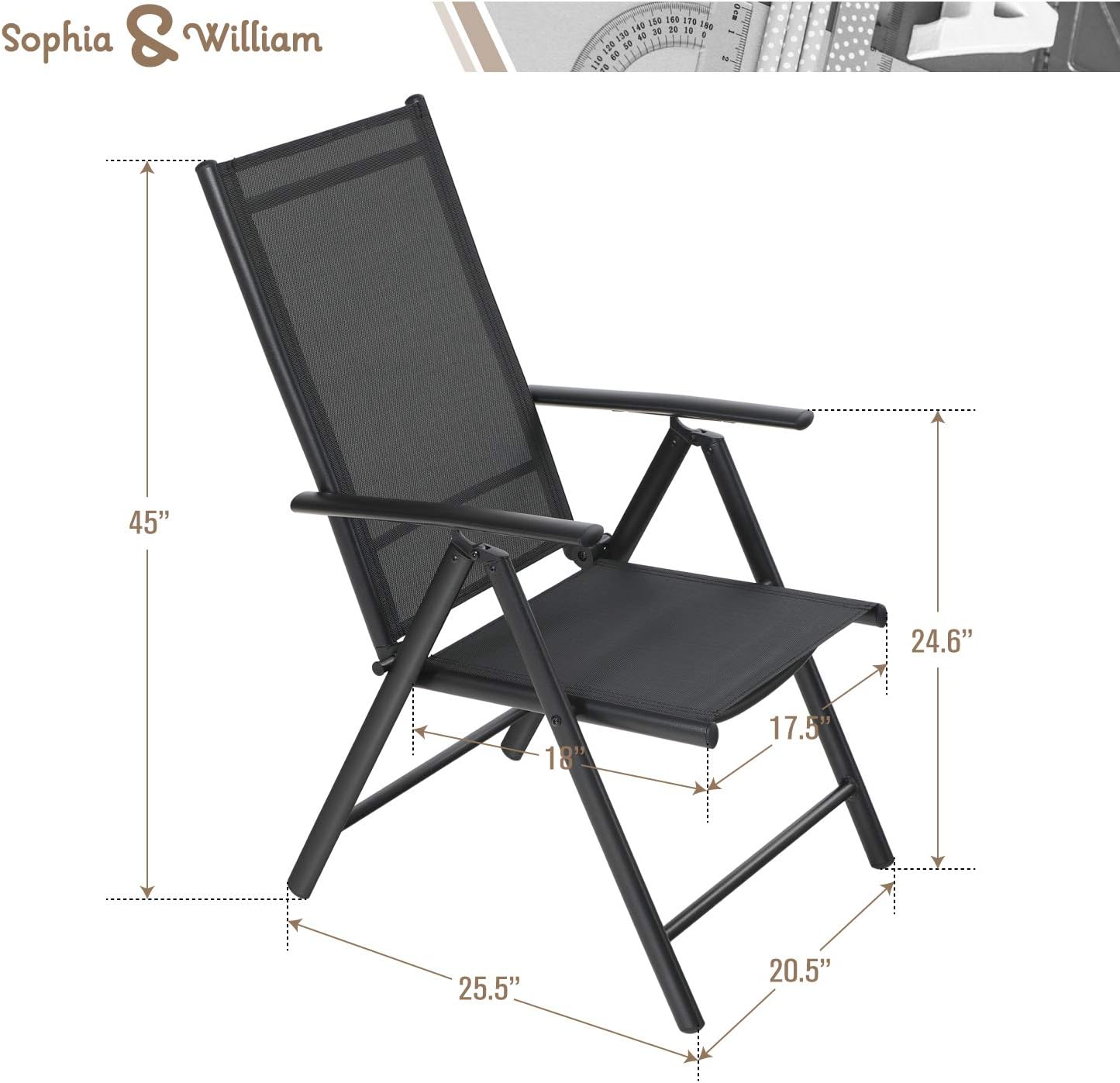 Sophia & William Patio Foldable Dining Chairs Set of 2, Outdoor Folding Sling Chairs 7 Levels Adjustable, High Back Portable Chairs for Porch, Poolside, Patio, Garden, Balcony, Backyard, Black