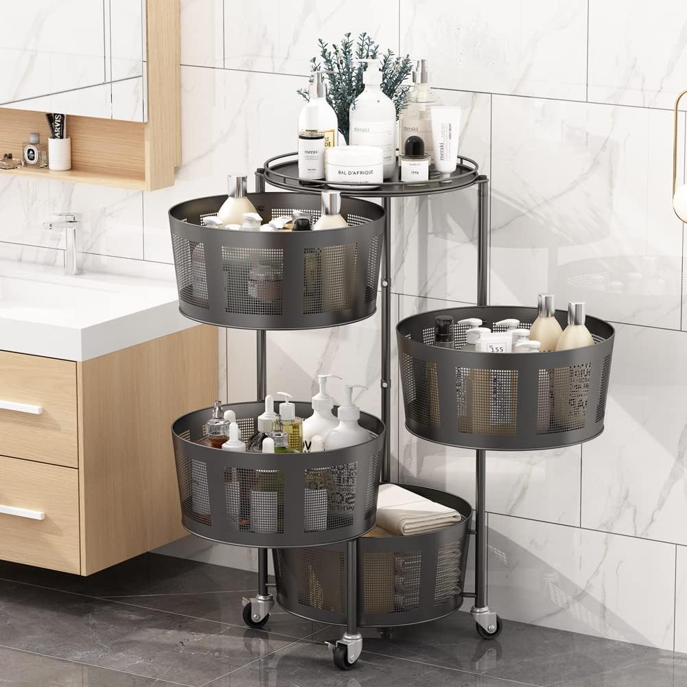 Upgrade Sun yoba 4-Layer Kitchen Rotating Metal Storage Basket, Hanging Storage Basket for Fruit and Vegetable, Storage Rack Shelf for Living Room, Bathroom, Household Storage