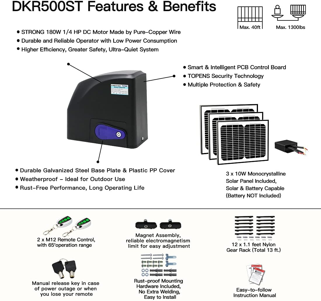 TOPENS DKR500ST Solar Sliding Gate Opener Rack Drive Automatic Gate Motor for Heavy Driveway Slide Gates Up to 1300 Pounds, Electric Gate Operator Battery Powered with Solar Panel Remote Control Kit