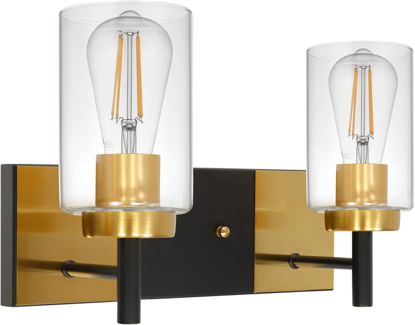 VINLUZ 2 Light Sconces Wall Lighting Black and Brushed Brass Finished Modern Bathroom Vanity Light Fixtures Over Mirror with Clear Glass Shade Industrial Wall Mount Light for Living Room Hallway