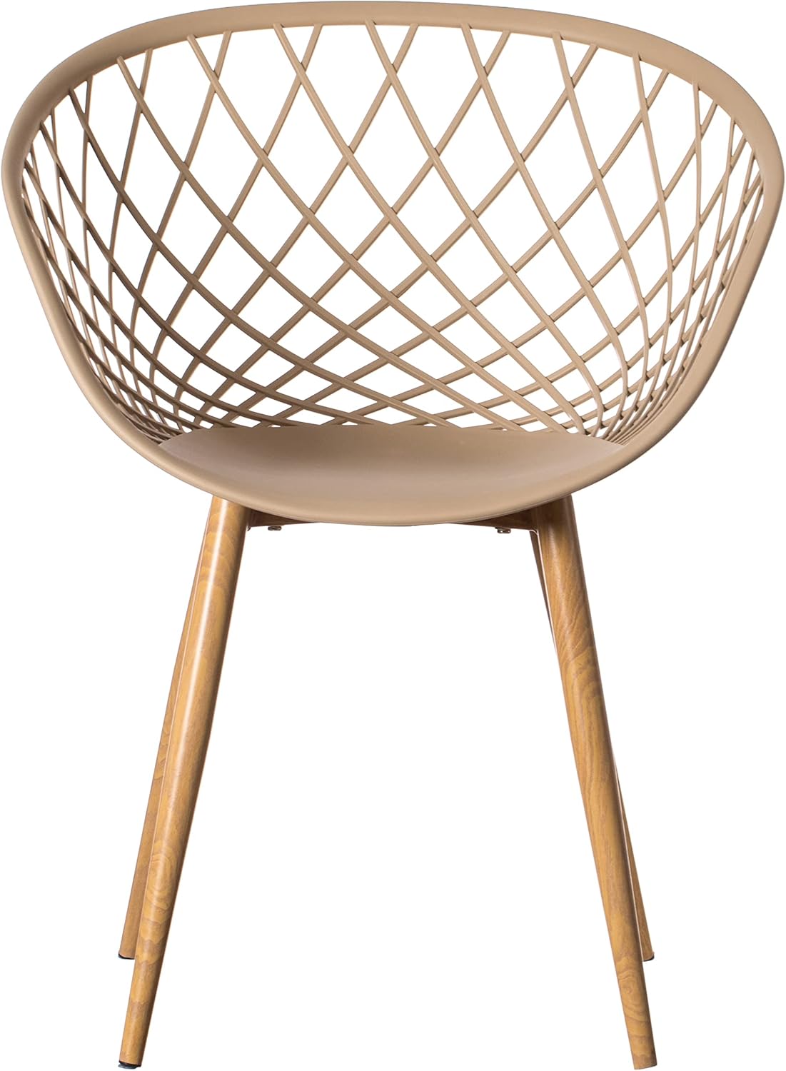 Fabulaxe Modern Nude Sidera Plastic Chair Crosshatch Lattice Back with Metal Wood Look Legs, Beige