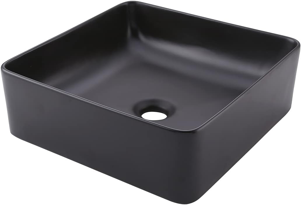 KES Bathroom Vessel Sink 14 Inch Above Counter Square Ceramic Countertop Sink for Cabinet Lavatory Vanity Black, BVS122-BK