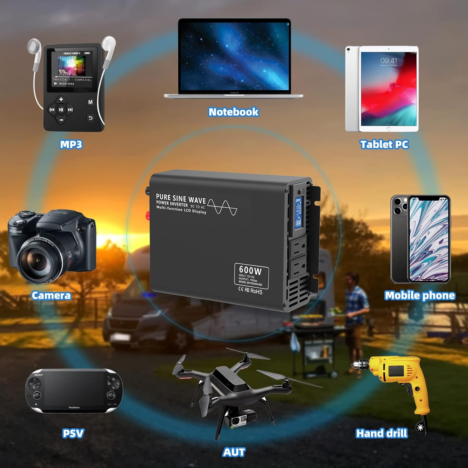 Pure Sine Wave Power Inverter, 600W Power Inverter DC 12V to AC 110V-130V Car Converter for RV Truck Boat Solar System with LCD Display and Wireless Remote Control