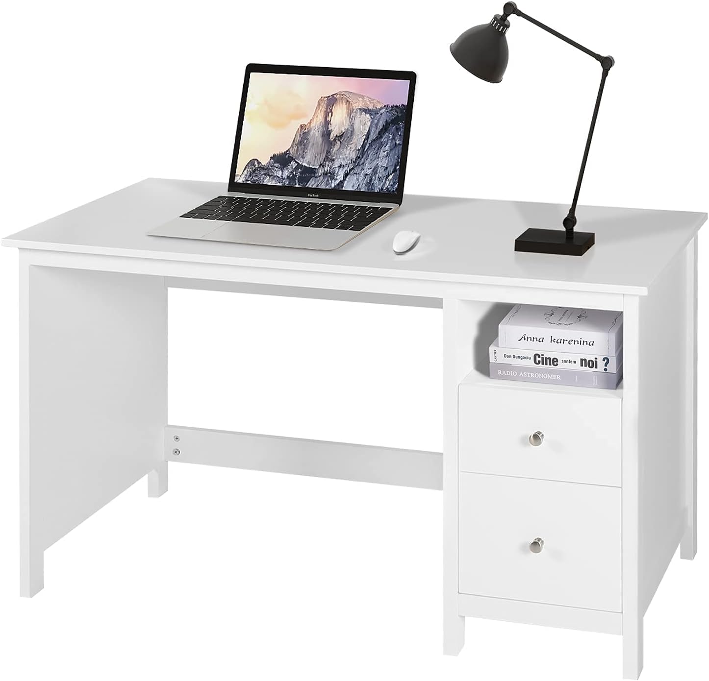 Yokstore 47 Inch Writing Desk with Storage Cabinet for Home Office, Wood Computer Desk with Drawers, Modern Student Study Desk, PC Laptop Workstation Table, Black