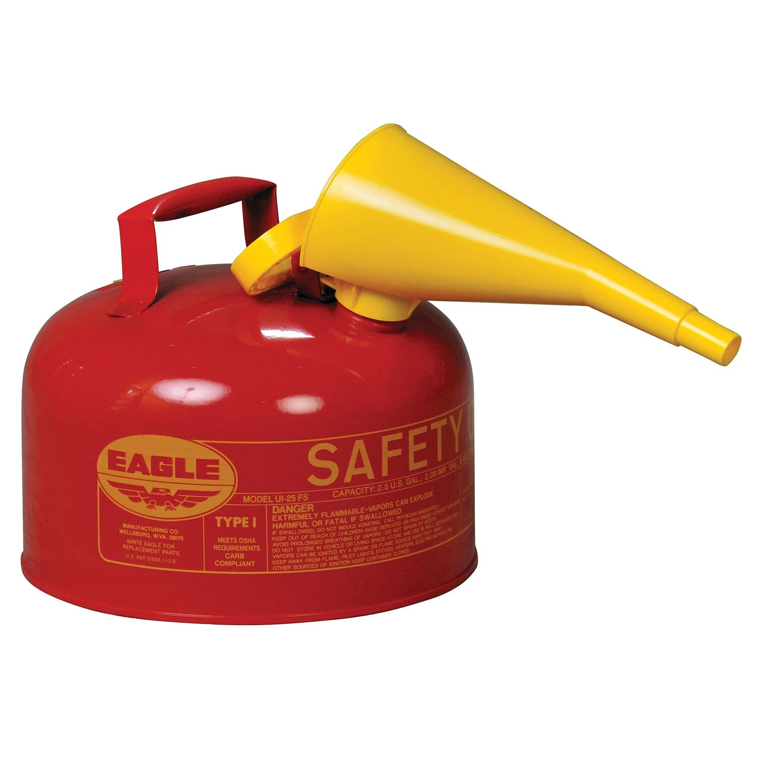Eagle UI-25-FS Type I Metal Safety Can with F-15 Funnel, Flammables, 11-1/4