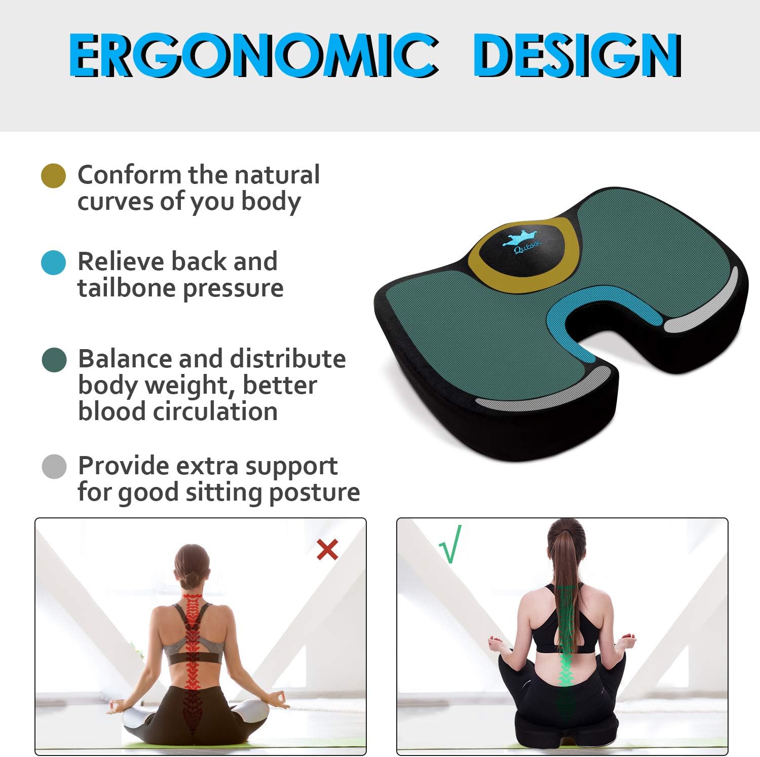 Memory Foam Seat Cushion for Office Chair Wheelchair Coccyx Cushion for Tailbone Pain Car Seat Cushion for Lower Back Pain Desk Chair Cushion for Butt Sciatica Pillow for Sitting Firm Yet Support