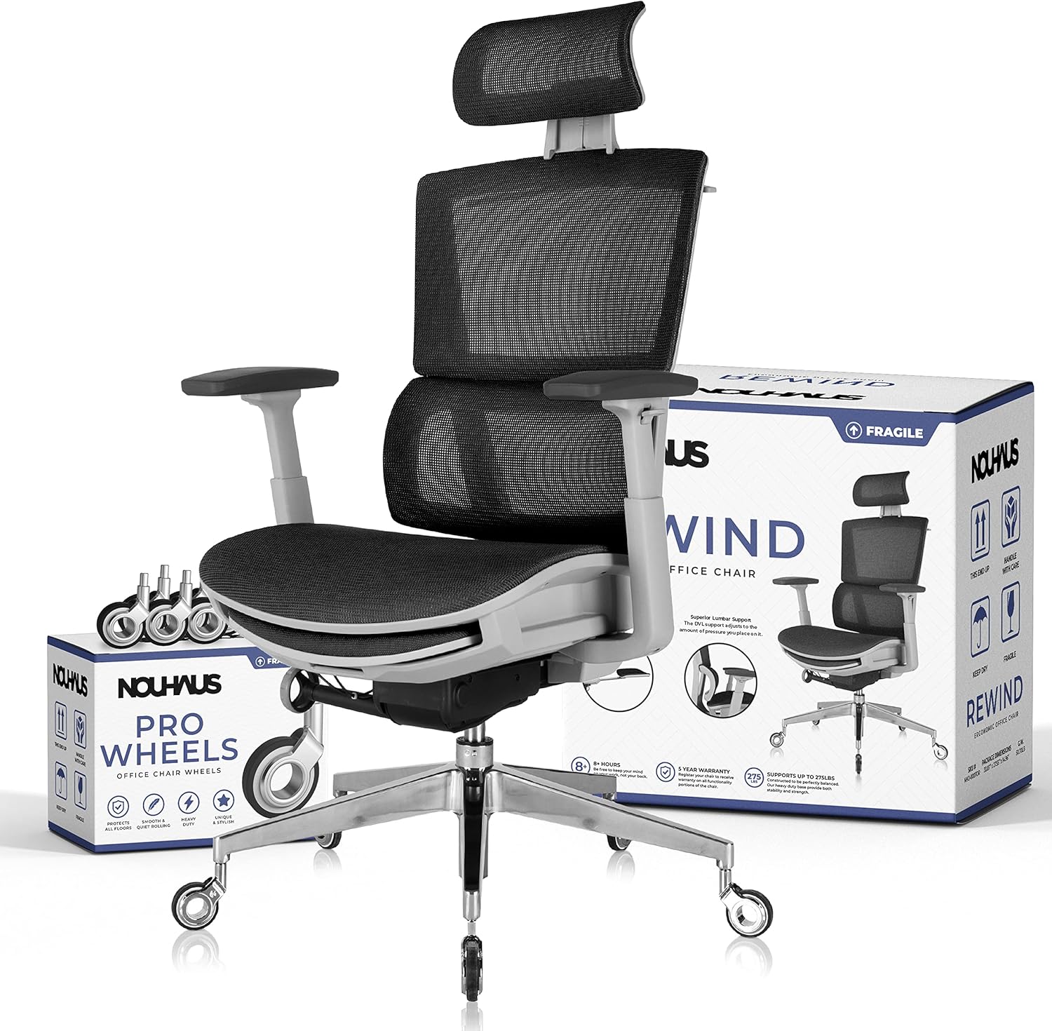Nouhaus Rewind Ergonomic Office Chair with Footrest and Lumbar Support. Swivel Computer Chair, Rolling Home Office Desk Chairs with Wheels, Mesh High Back Task Chair, Comfortable Gamer Chair (Mint)