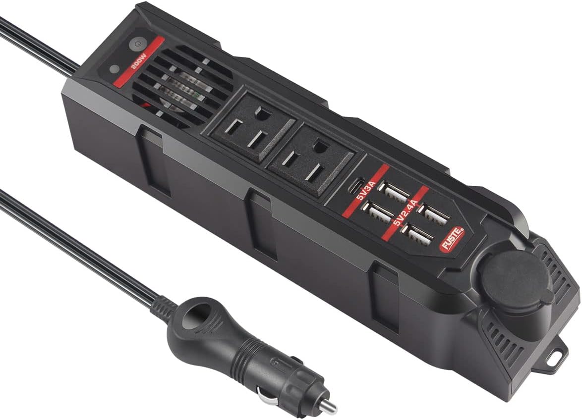 200W Power Inverter,DC 12V to 110V AC Car Converter with Type C Port,Dual AC Outlets and 4 Quick Charger 2.4A USB Ports Car Charger Adapter