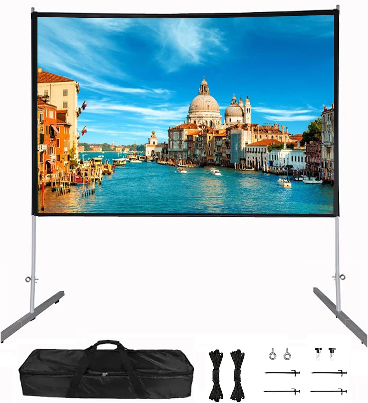 Projector Screen with Stand, 3 Layers PVC Anti-Crease Foldable Projector Screen, 120-inch 16:9 HD 4K Indoor/Outdoor Portable Front Projection Screen for Home Theater Backyard Movie