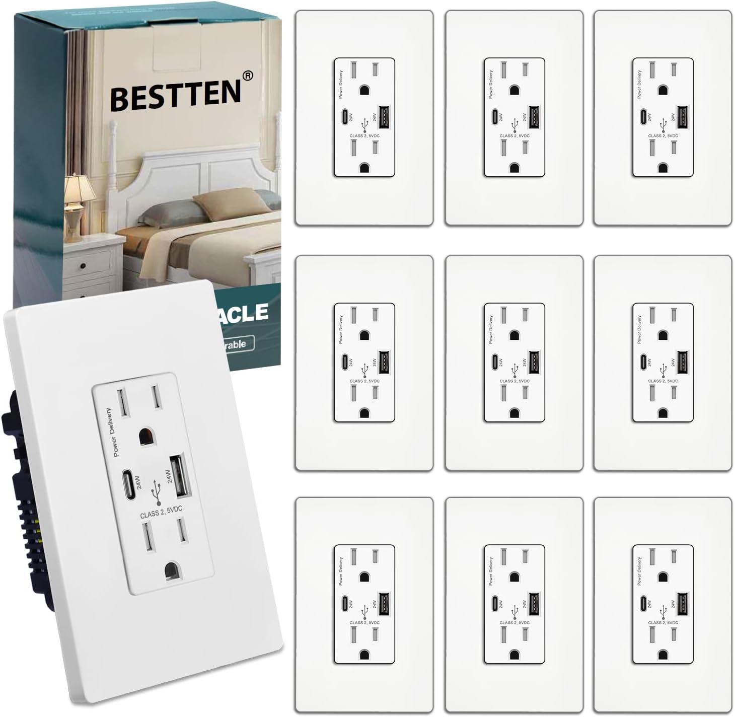 [10 Pack] BESTTEN Genuine Quick Charge 24W PD USB Receptacle Outlet, Type C Supports PD & QC 3.0, Type A Supports QC 3.0, 15 Amp Tamper Resistant Outlets, UL Listed, White