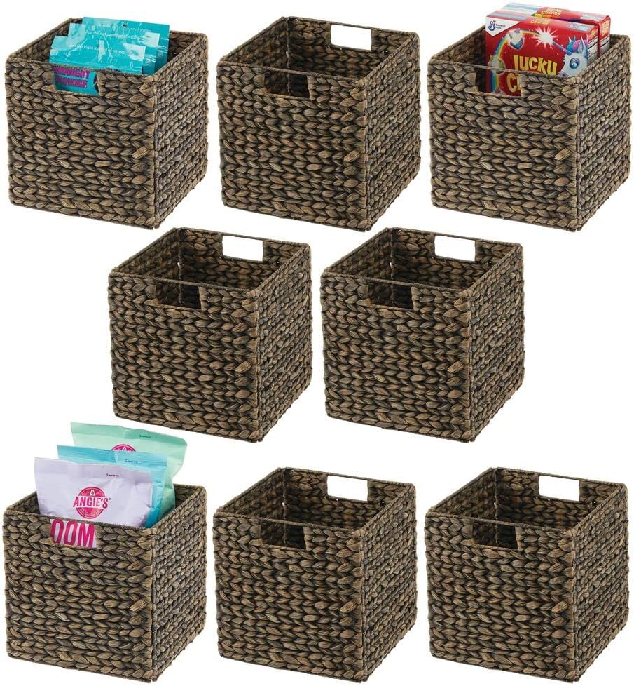 mDesign Woven Hyacinth Farmhouse Kitchen Storage Organizer Basket Bin with Handles for Kitchen Cabinets, Pantry, Bathroom, Laundry Room, Closets, Office - 8 Pack - Black Wash