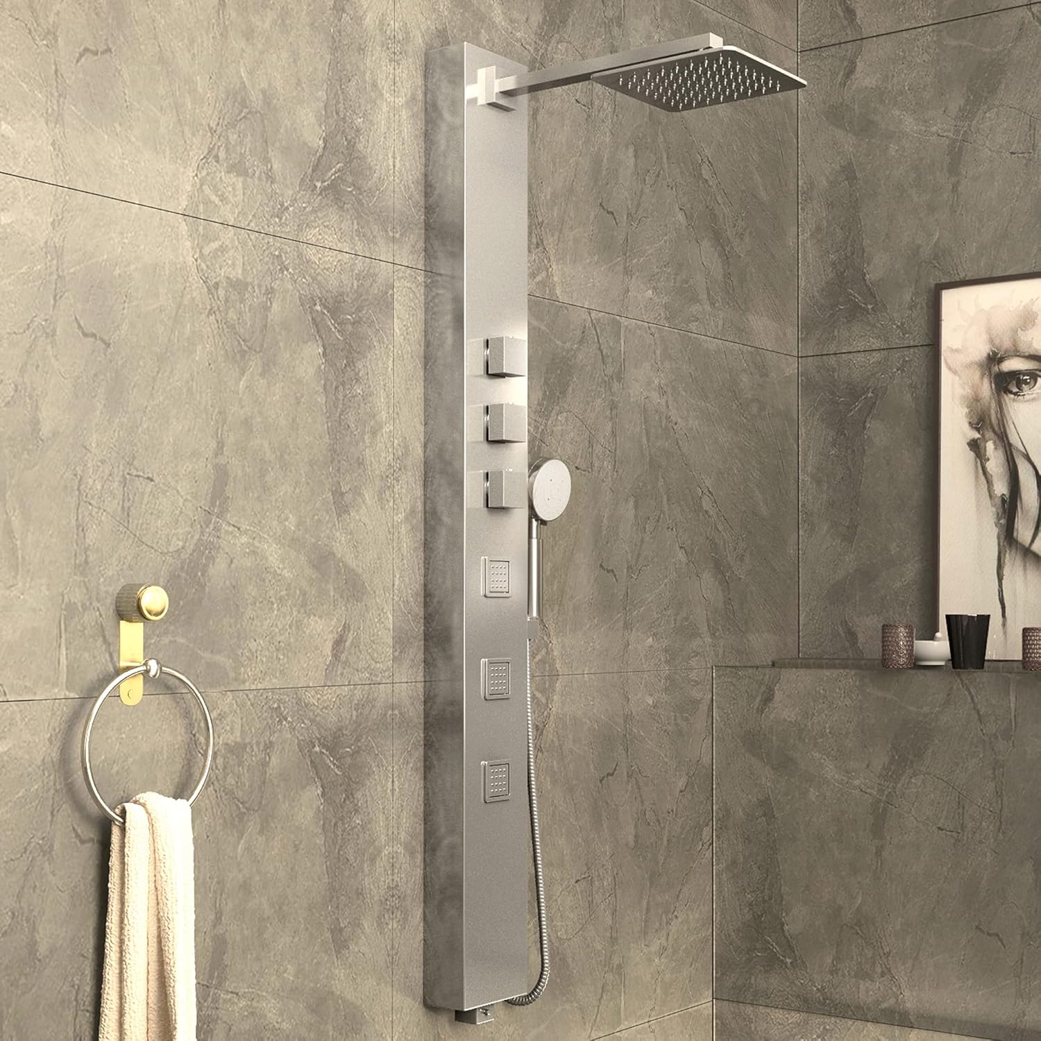 ANZZI Aura 2-Jetted Shower Panel with Heavy Rain Shower & Spray Wand in Matte Black | Waterfall Shower Head Multi Function Shower Tower | Easy Retrofit Design for DIY Installation | SP-AZ078MB