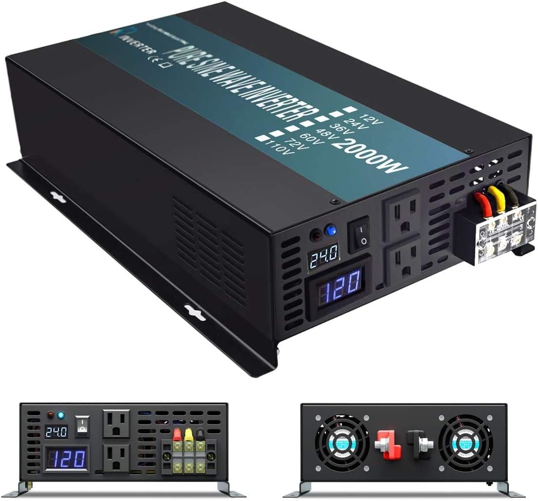 WZRELB 2000W 24V 120V Pure Sine Wave Power Inverter with 2 AC Outlets,Car Inverter