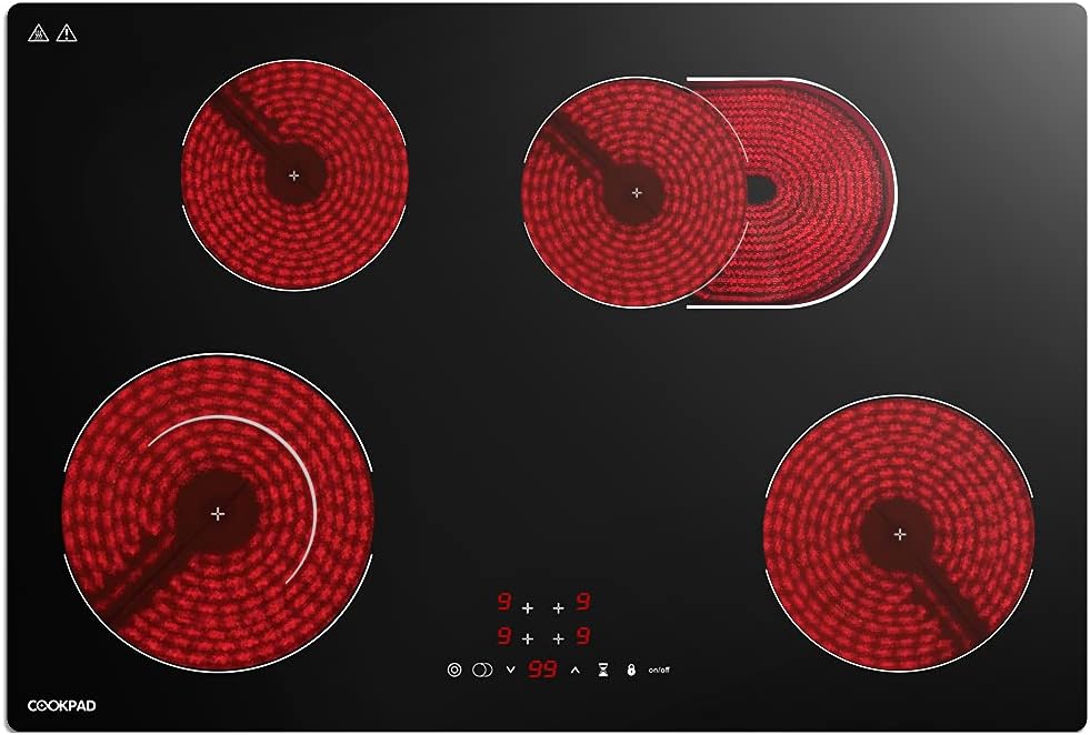 Electric Cooktop 30 Inch 4 Burners, Built-in Electric Stove Top, Smoothtop Hot Plate, 7200W, Black