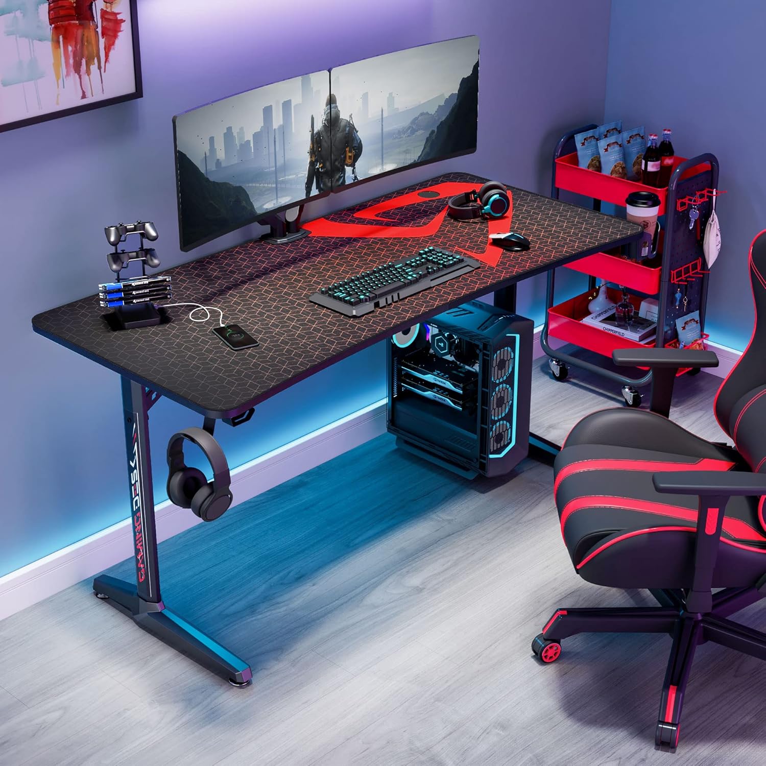 It's_Organized 60 inch Gaming Desk Racing Style Computer Desk with Free Mouse pad, T-Shaped Professional Gamer Game Station with USB Gaming Handle Rack, Cup Holder & Headphone Hook (Black)