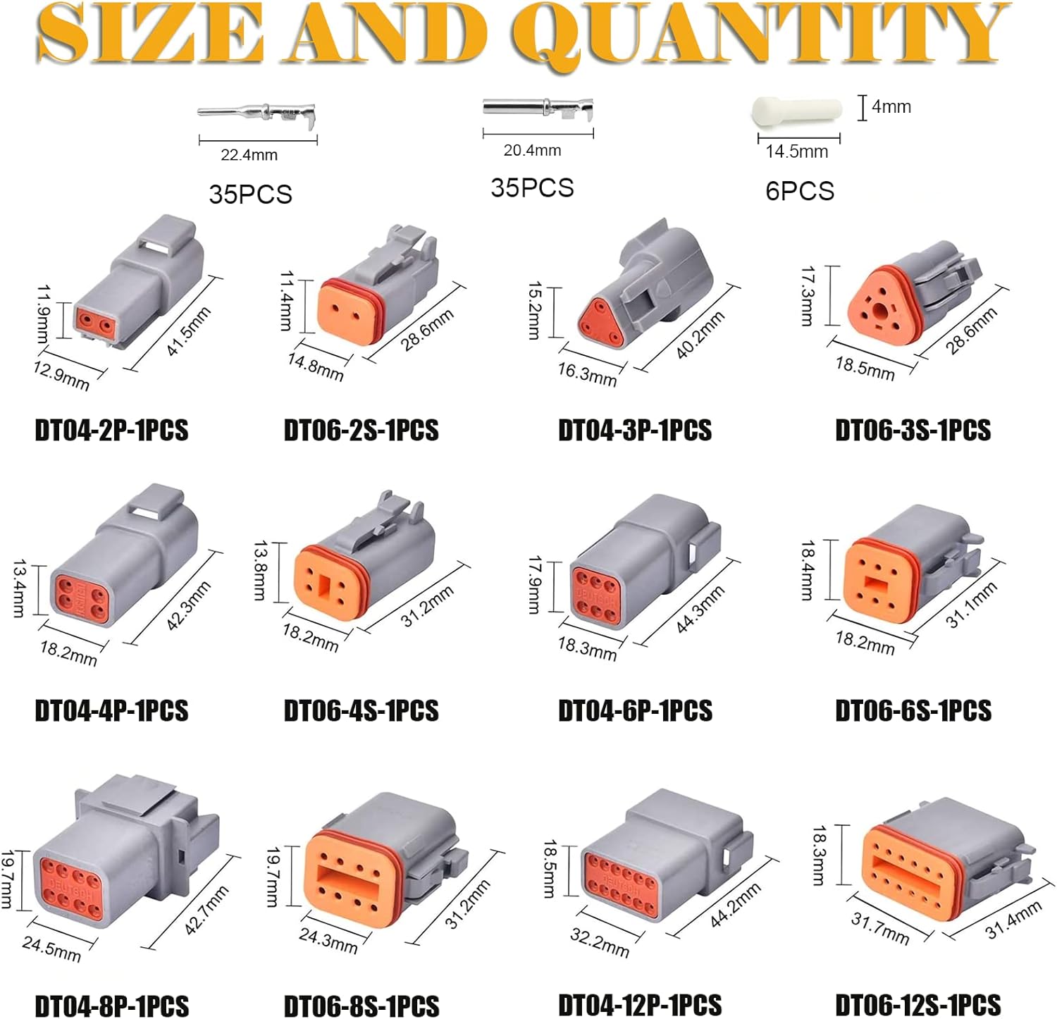 Deutsch DT Connector Kit, 2 3 4 6 8 12 Pin Gray Waterproof Electrical Connector with Solid Contact and Seal Plug for Truck, Off-Road Vehicles, Agriculture, Marine, Motorcycle Wiring，100PCS.