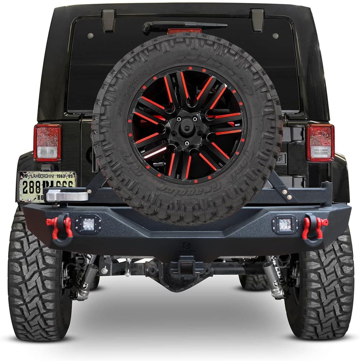 Ronghui JK Rear Bumper Texture Black with Spare Tire Frame and LED Aluminum Lights and D-Rings for 2007-2017 Wrangler JK JKU