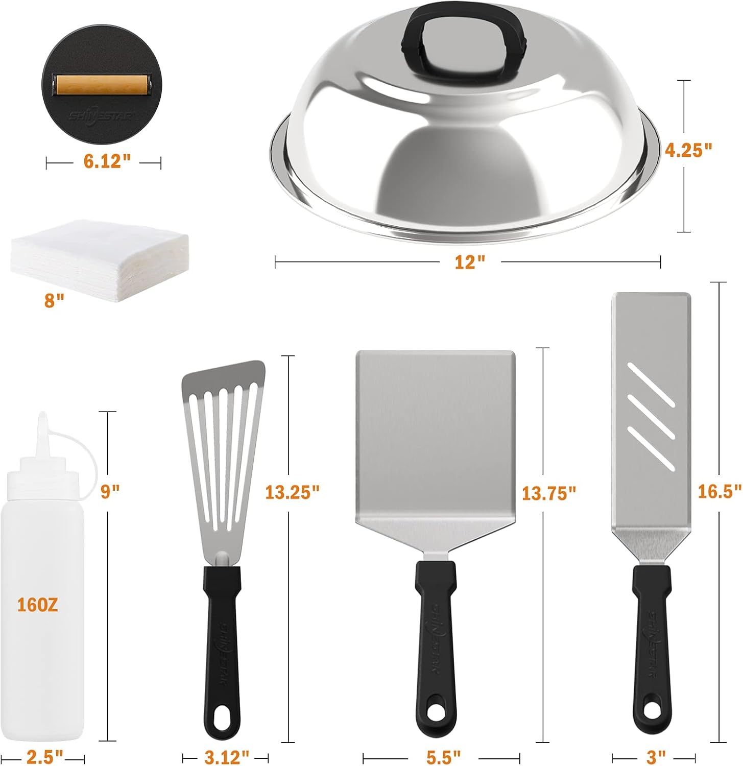 SHINESTAR 8-Piece Griddle Accessories Kit for Hamburger, Include 12&rdquo; Melting Dome, Burger Press, 3 Spatulas and More, Perfect for Blackstone & Camp Chef Flat Top Grill Griddle