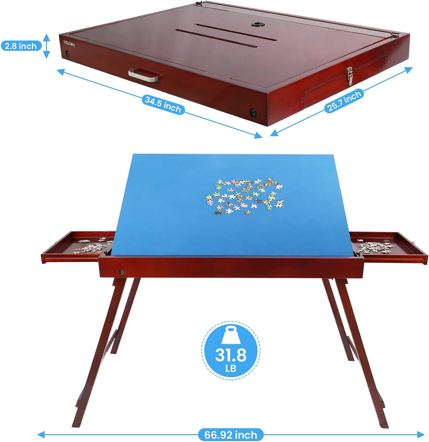 Large Wooden Puzzle Table, Portable Jigsaw Tables with 2 Storage Drawers for Adults and Kids, Puzzle Table with Tilting Non-Slip Surface Folding Board for 1500 Pcs Puzzles, Gift for Puzzle Enthusiast