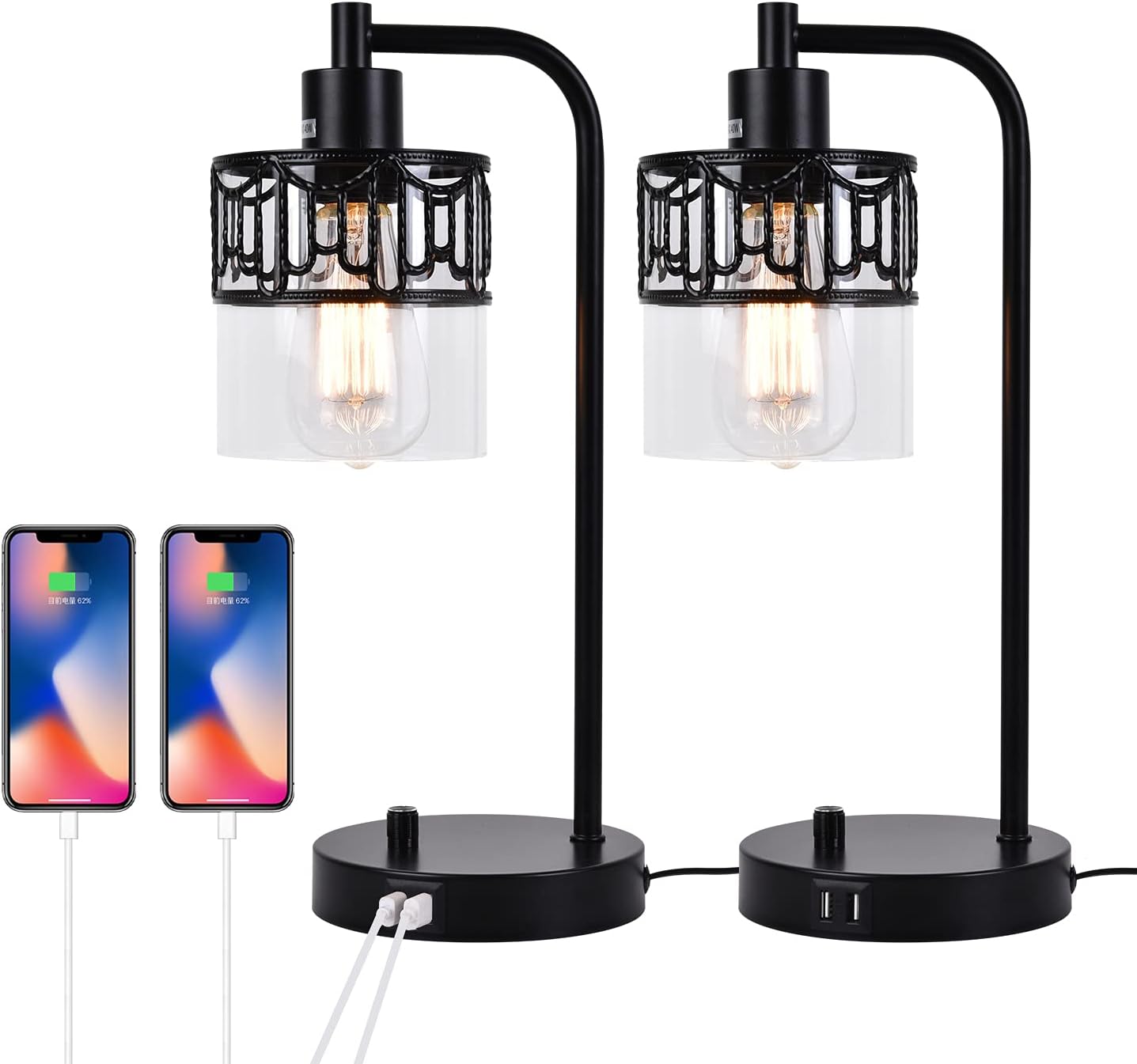 HCCZ Table Lamp Set of 2 Farmhouse Industrial Nightstand Table Lamps with 2 USB Ports for Bedroom Living Room Office Black Bedside Lamp with Glass Shade Reading Desk Light Dimmable (Bulb Included)