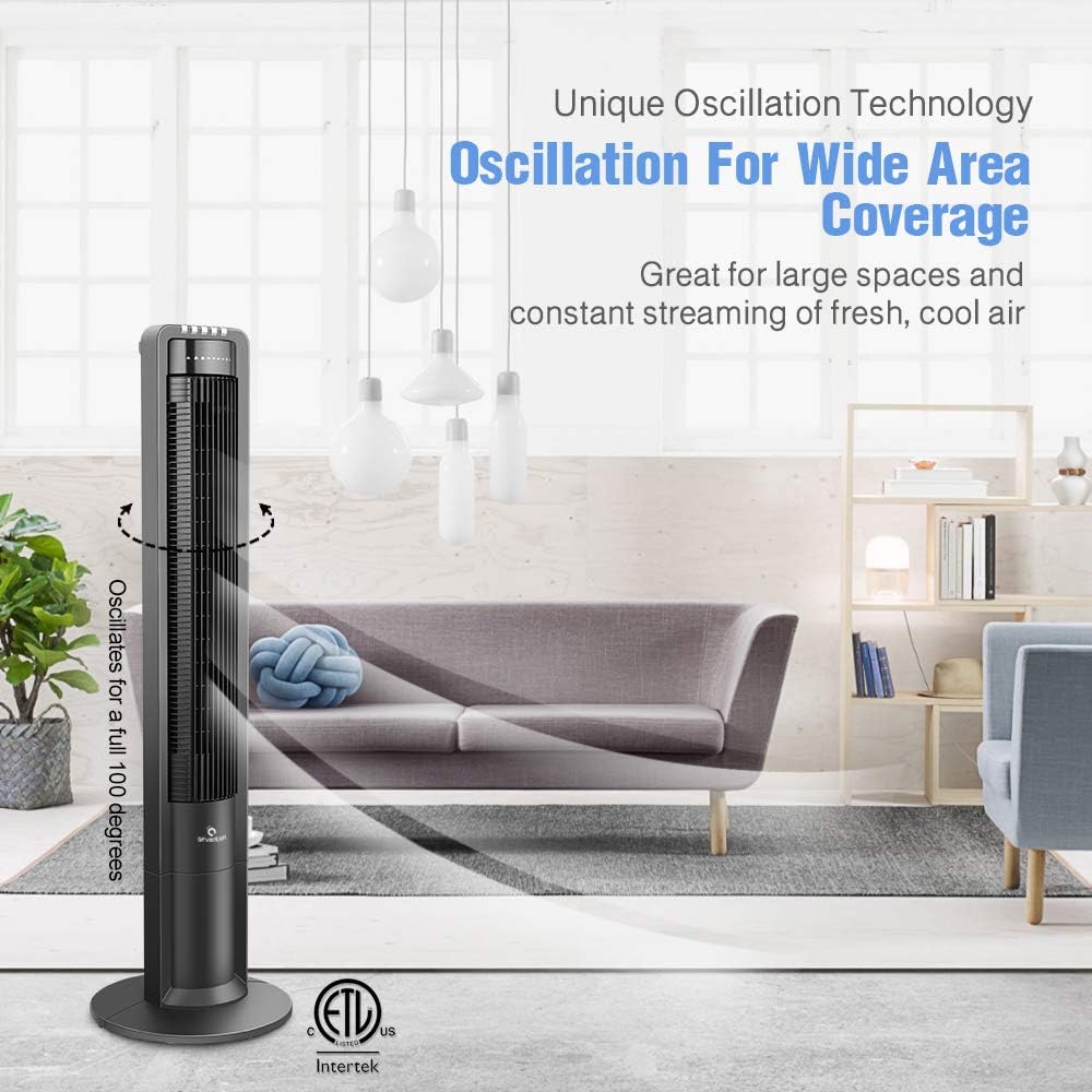 Airvention X01 - Oscillating Tower Fan With Remote, 43 Inch Quiet Air Cooler, Space Saving Stand Fans, For Home, Office or Bedroom, Energy Efficient Cooling, 3 Silent Speeds, Electric Control, Black