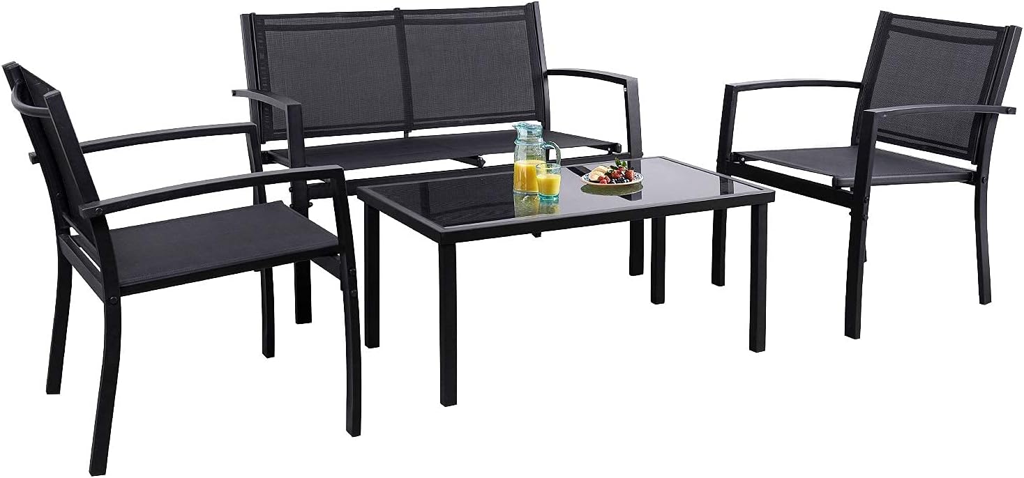 Flamaker 4 Pieces Patio Furniture Outdoor furniture Outdoor Patio Furniture Set Textilene Bistro Set Modern Conversation Set Black Bistro Set with Loveseat Tea Table for Home, Lawn and Balcony (Black)