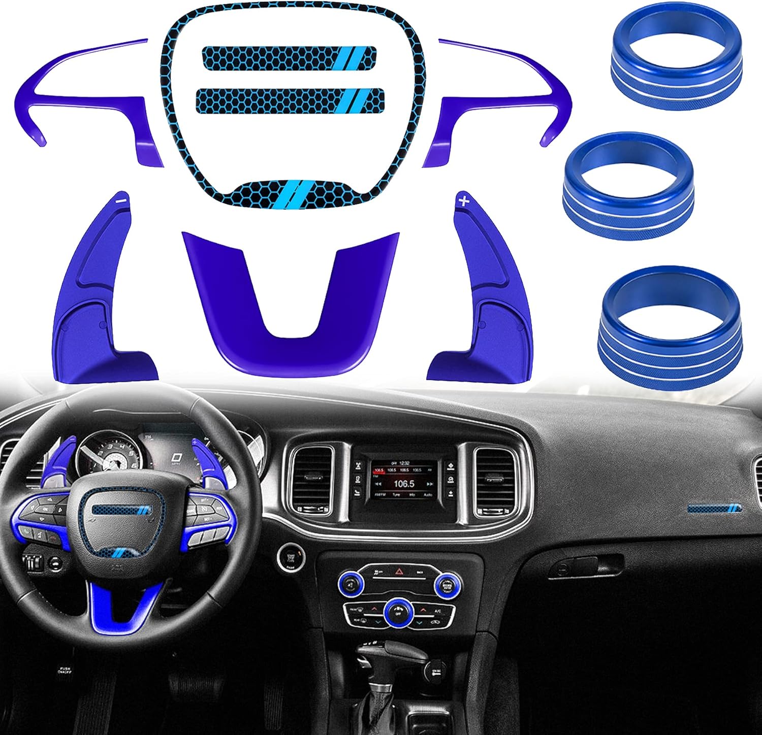 PIILOO Steering Wheel Cover Trim Interior Accessories Kit Compatible With Dodge Challenger Charger 2015-2021 Shift Paddle Extended Emblem Kit Air Conditioner Switch CD Button Knob Trim (Red 11 PCS)