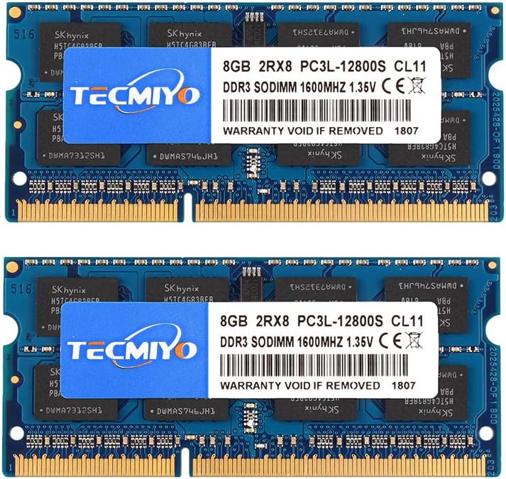 TECMIYO 16GB Kit (2x8GB) DDR3L-1600 SODIMM (PC3-12800S), DDR3 RAM 2Rx8 1.35V/1.5V CL11 Non-ECC Unbuffered 204-Pin Notebook Laptop RAM Memory Upgrade Kit Pack of 2