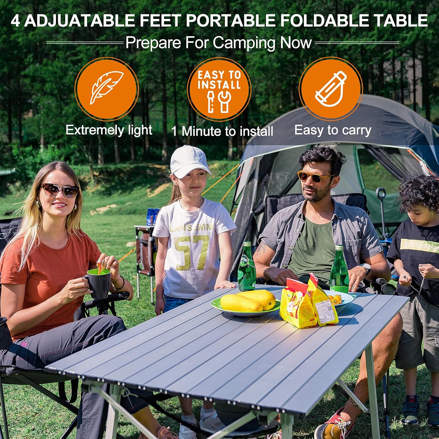 PORTAL Portable Folding Camping Table All Aluminum Ultra Lightweight Picnic Table 4 Adjustable Legs Roll Up Table Top with Mesh Layer for Beach Outdoor Travel