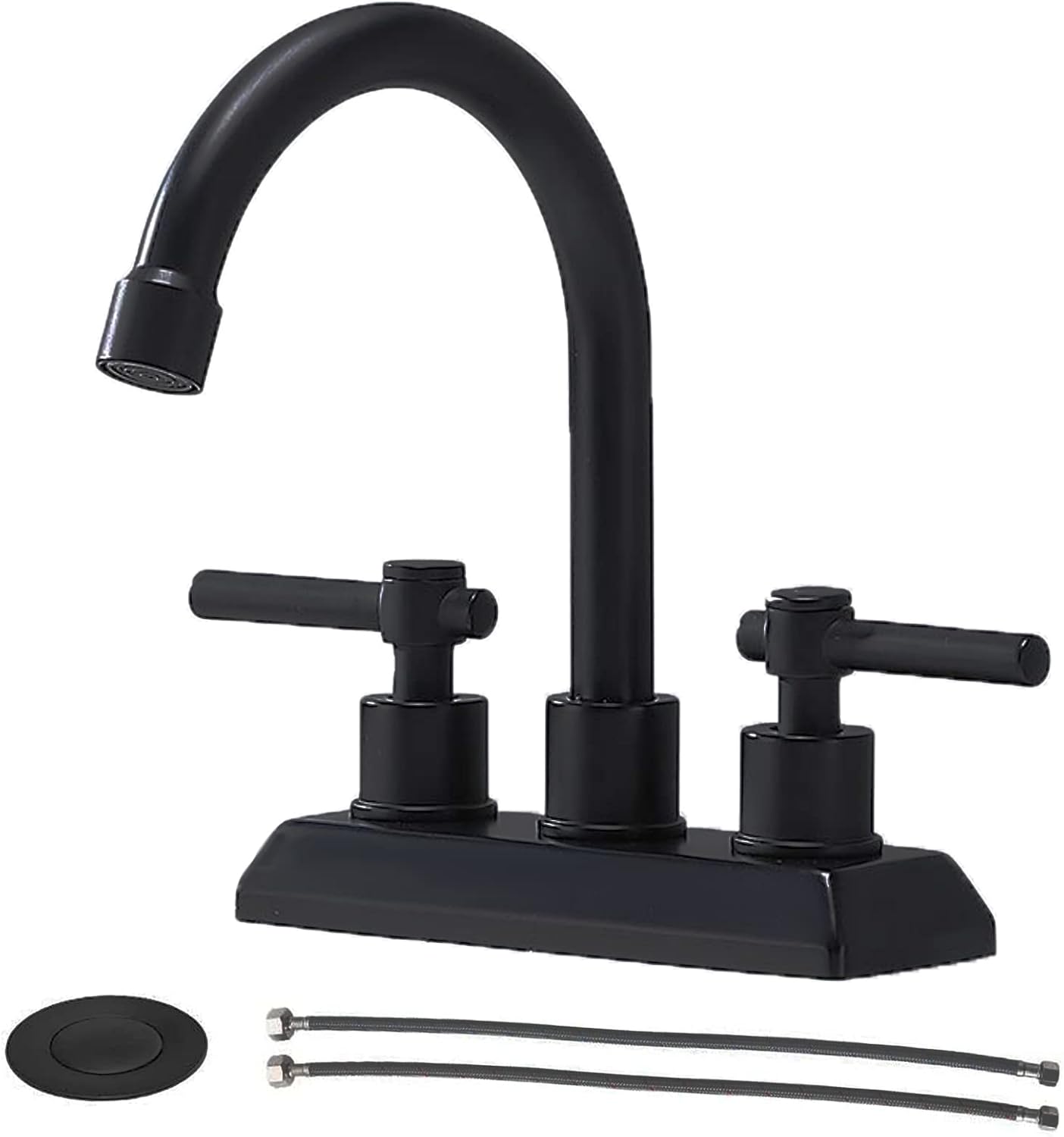 VESLA HOME Modern 2 Handles 2 Holes 4 Inch Centerset Dark Black Bathroom Faucet,High Arc Swivel Spout Lavatory Bathroom Vanity Sink Faucet with Water Supply Lines and Pop-up Drain Combo