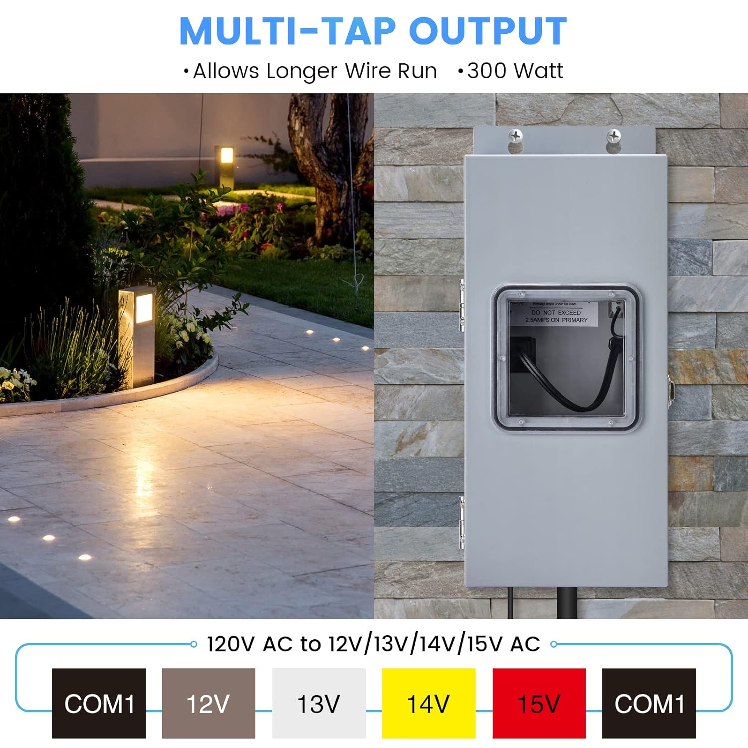 300W Multi-Tap Low Voltage Transformer for Landscape Lighting, Briidea Outdoor Transformer Convert 120V AC to 12V/13V/14V/15V AC, Heavy-Duty Stainless Steel Shield