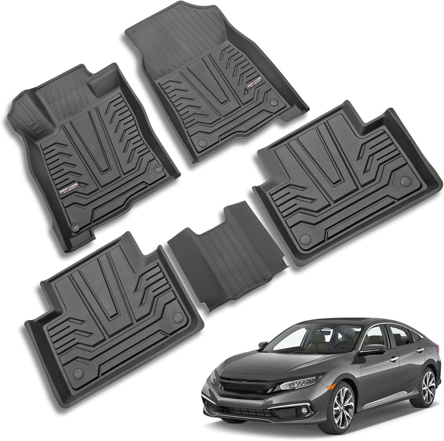 Car Floor Mats Compatible with 2016-2021 Honda Civic Sedan/Hatchback/Type R, TPE Black All Weather Protection Front & 2nd Seat Floor Liners