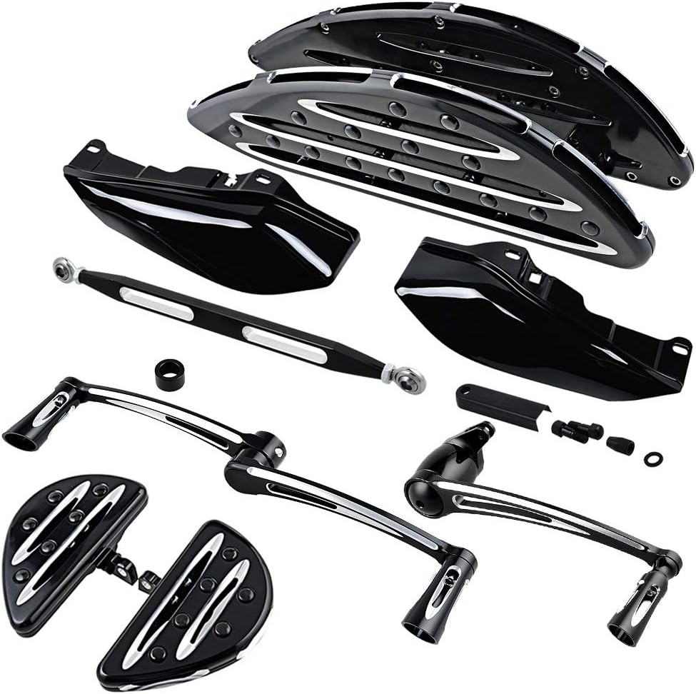 Bundle Black Driver Passenger Stretched Floorboards + Brake Arm Lever Peg Pedal + Heel Toe Shifter Pegs + Shift Linkage + Mounting Bracket Screws + Mid-Air Deflector Compatible with Harley 2009-2013