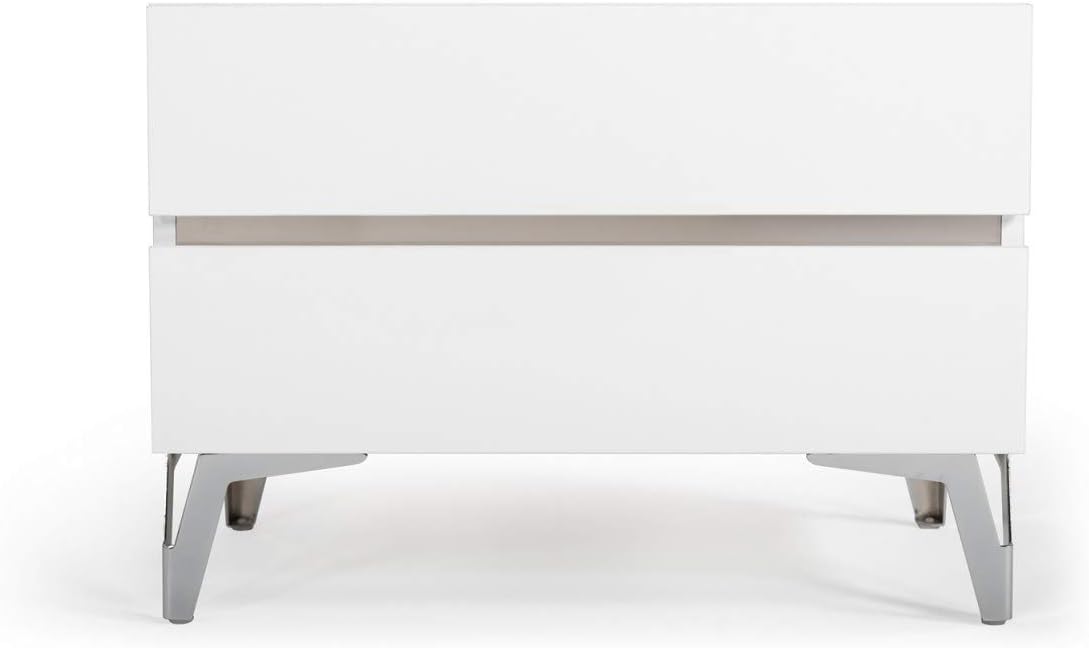 Limari Home Amato Collection Modern Style Bedroom Italian High Gloss Finished Nightstand With 2 Drawers, Stainless Steel Accents & Legs, White