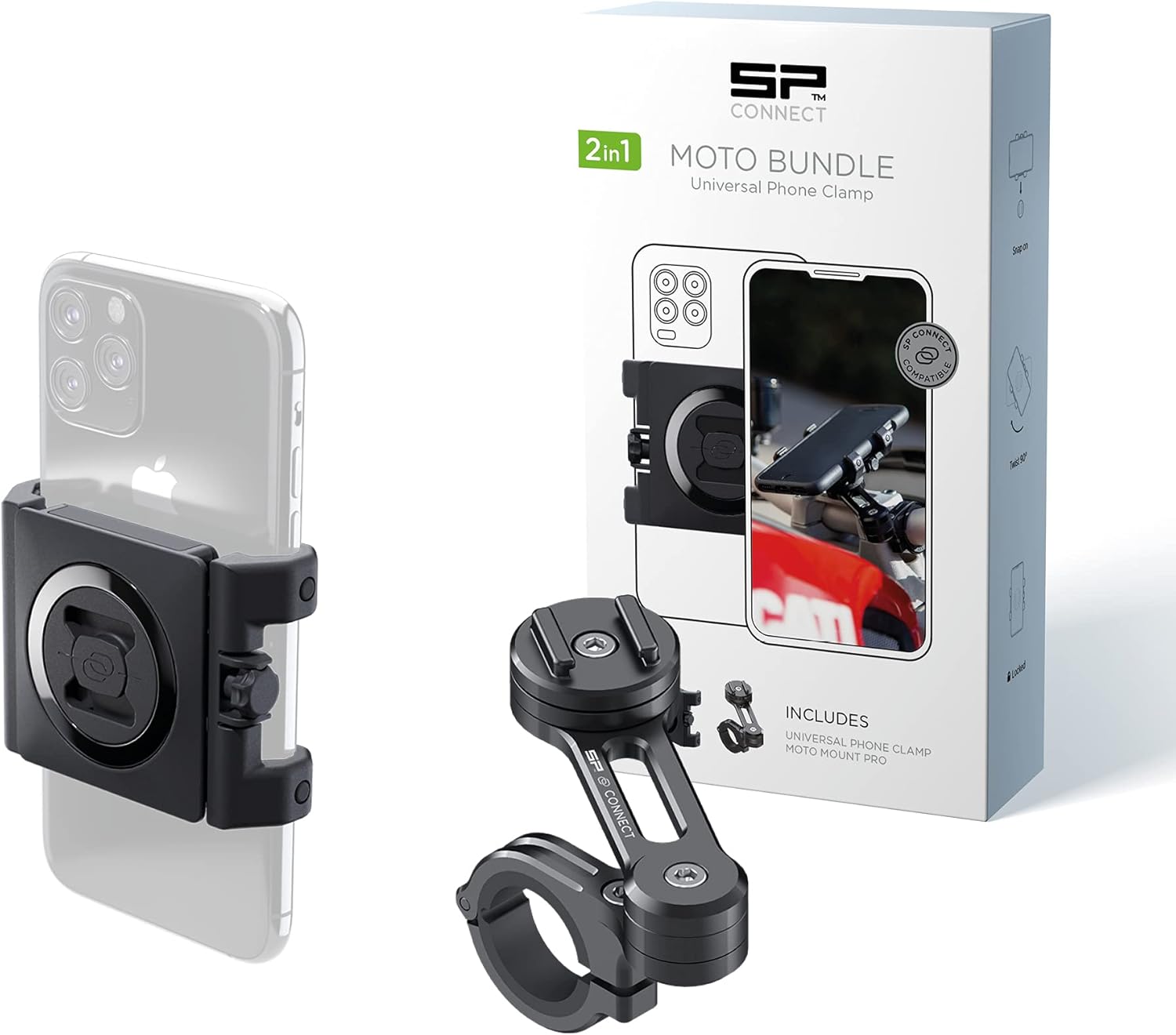 SP Connect Universal Motorcycle Mobile Phone Holder - Smartphone Mount for Motorbike, Mopeds - Strong Clamp-Grip - Bracket for 58-85mm Wide Devices, Fits Standard & Big Handlebars - Riding Accessories