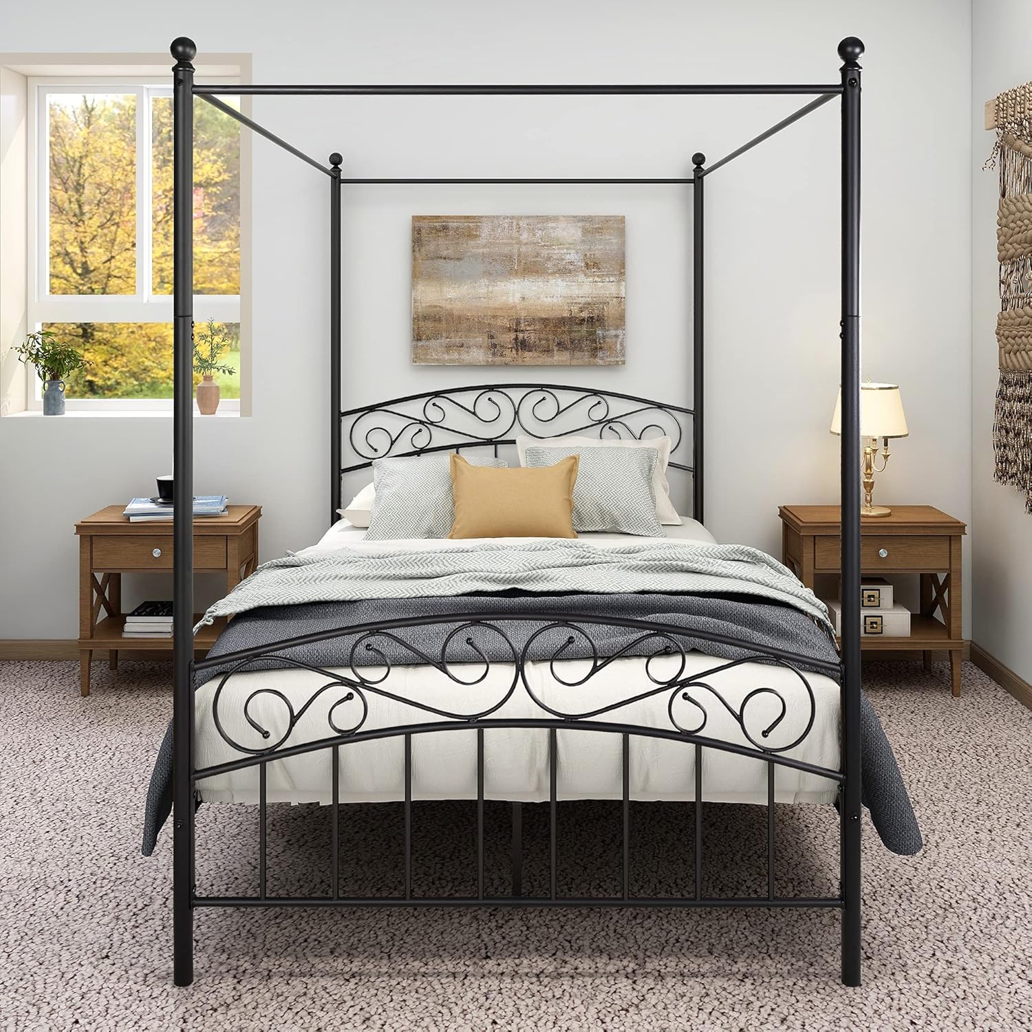Melpomene Black Canopy Bed Frame Queen with headboard Metal Bed Frame Queen with Footboard Sturdy Steel Easy DIY Assembly (Queen, White)