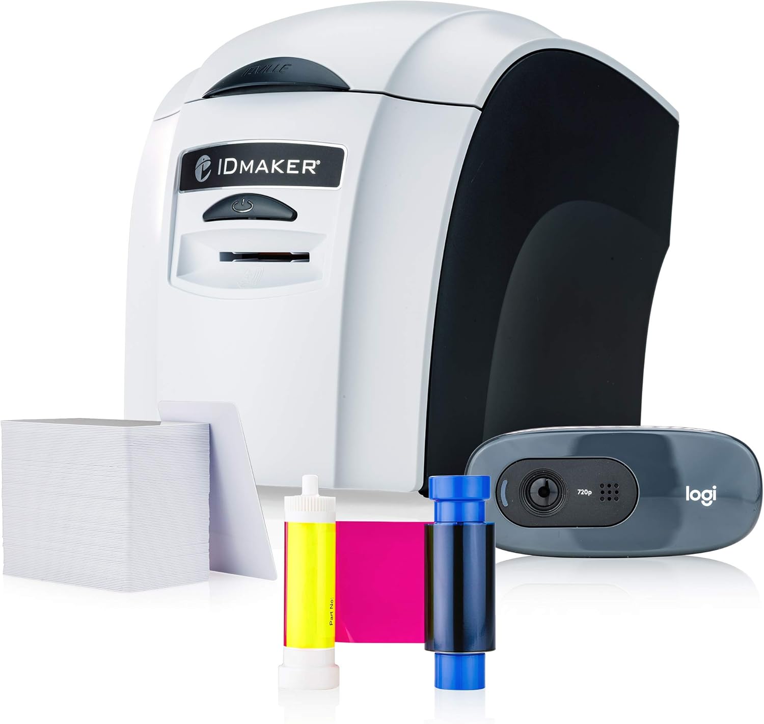 ID Maker Card Printer Machine & Supply Kit for Badge Printing - Print Professional Quality 1 Sided Identification Badges - IDMaker Software, Premium Camera, 100-Print Color Ribbon, 100 Blank PVC Cards